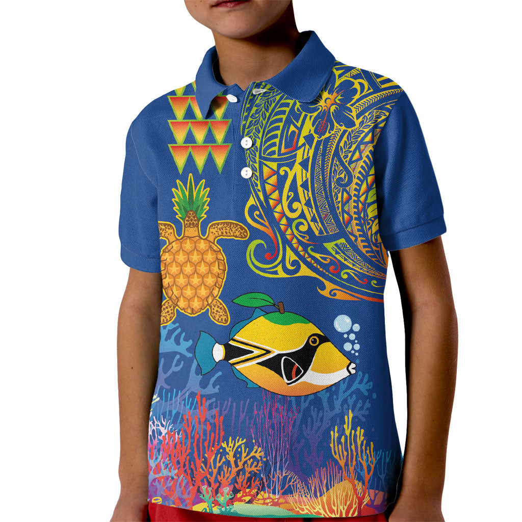 Hawaii Ocean Kid Polo Shirt Pineapple Turtle and Mango Reef Triggerfish and Kakau Tattoo LT03 Kid Multicolor - Polynesian Pride