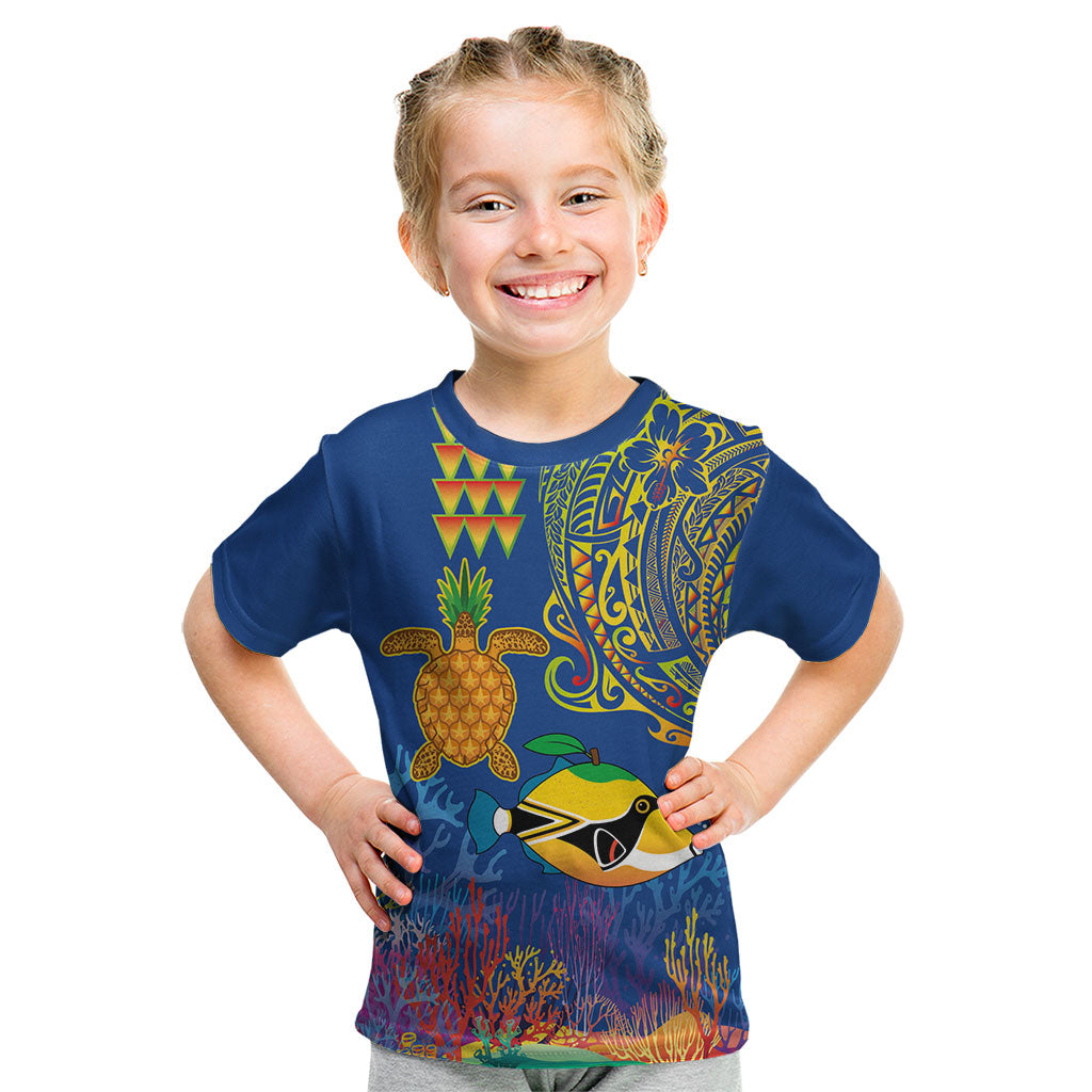 Hawaii Ocean Kid T Shirt Pineapple Turtle and Mango Reef Triggerfish and Kakau Tattoo LT03 Multicolor - Polynesian Pride