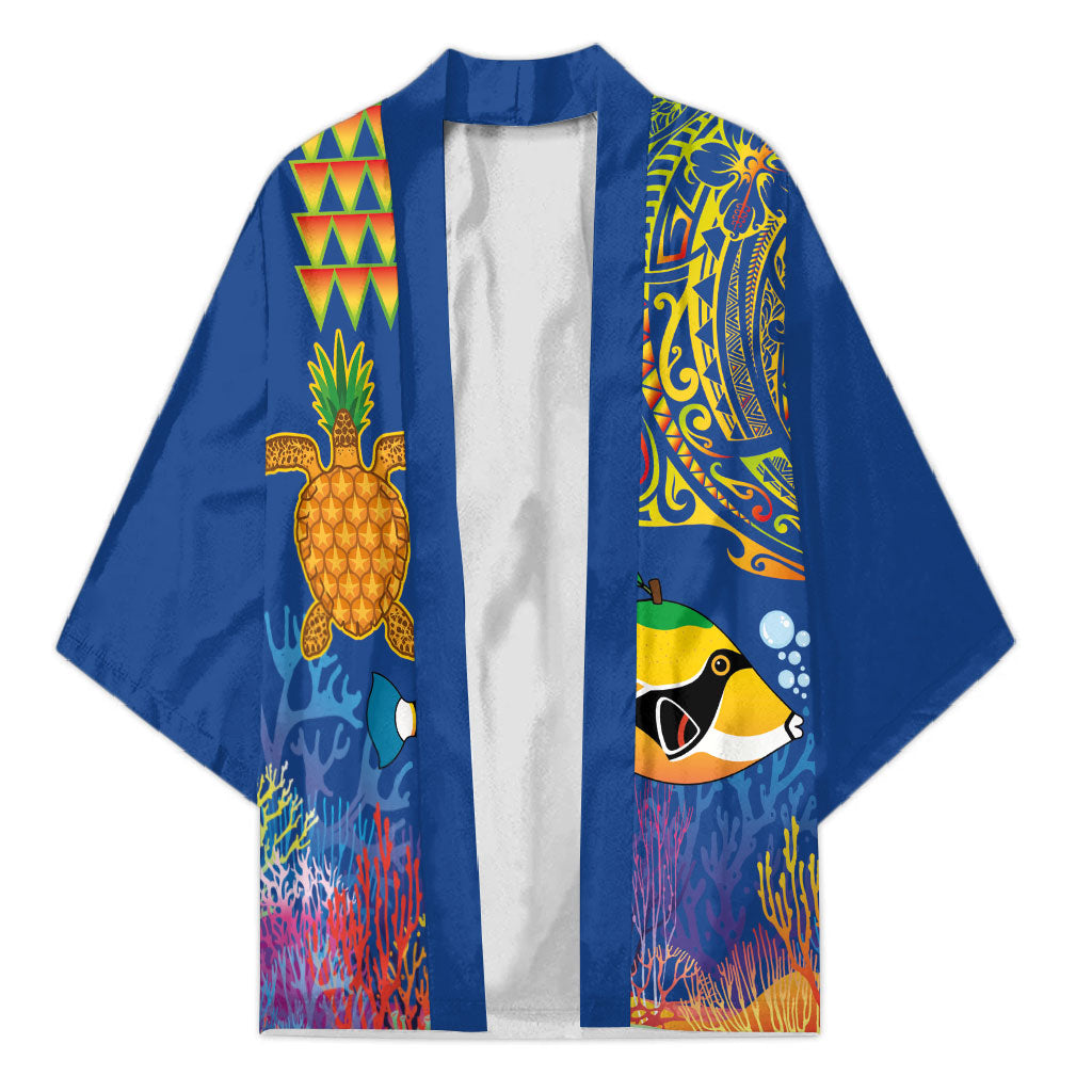 Hawaii Ocean Kimono Pineapple Turtle and Mango Reef Triggerfish and Kakau Tattoo LT03 Unisex Multicolor - Polynesian Pride