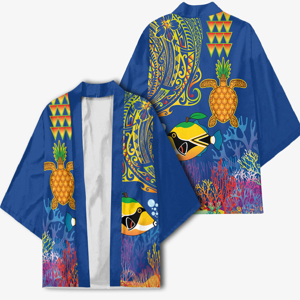 Hawaii Ocean Kimono Pineapple Turtle and Mango Reef Triggerfish and Kakau Tattoo LT03 - Polynesian Pride