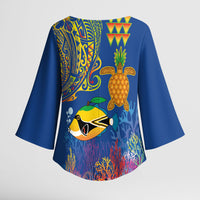 Hawaii Ocean Kimono Sleeve Blouse Pineapple Turtle and Mango Reef Triggerfish and Kakau Tattoo LT03 - Polynesian Pride