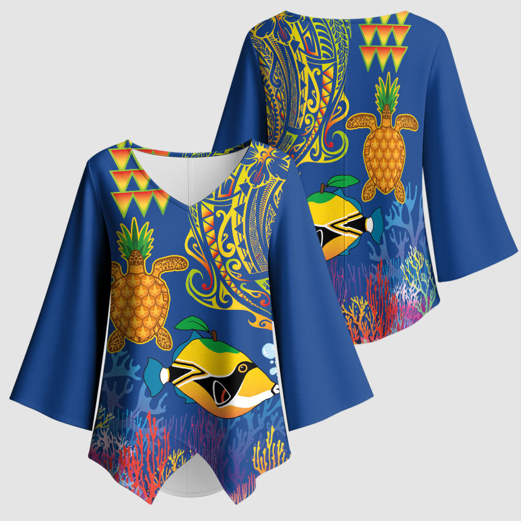 Hawaii Ocean Kimono Sleeve Blouse Pineapple Turtle and Mango Reef Triggerfish and Kakau Tattoo LT03 - Polynesian Pride