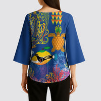 Hawaii Ocean Kimono Sleeve Blouse Pineapple Turtle and Mango Reef Triggerfish and Kakau Tattoo LT03 - Polynesian Pride