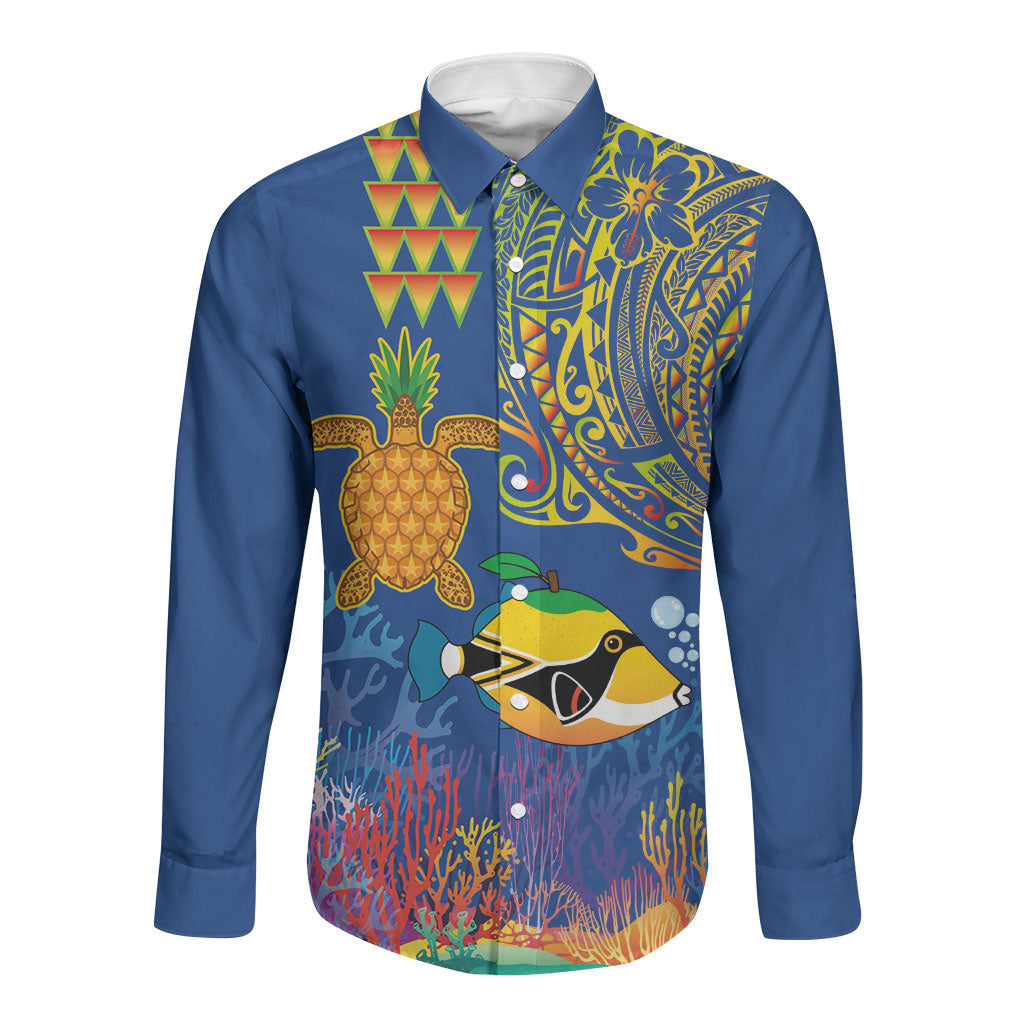 Hawaii Ocean Long Sleeve Button Shirt Pineapple Turtle and Mango Reef Triggerfish and Kakau Tattoo LT03 Unisex Multicolor - Polynesian Pride