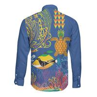 Hawaii Ocean Long Sleeve Button Shirt Pineapple Turtle and Mango Reef Triggerfish and Kakau Tattoo LT03 - Polynesian Pride