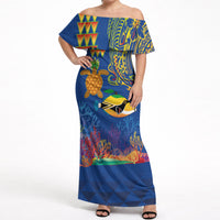 Hawaii Ocean Off Shoulder Maxi Dress Pineapple Turtle and Mango Reef Triggerfish and Kakau Tattoo LT03 Women Multicolor - Polynesian Pride