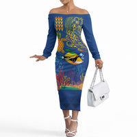 Hawaii Ocean Off The Shoulder Long Sleeve Dress Pineapple Turtle and Mango Reef Triggerfish and Kakau Tattoo LT03 Women Multicolor - Polynesian Pride