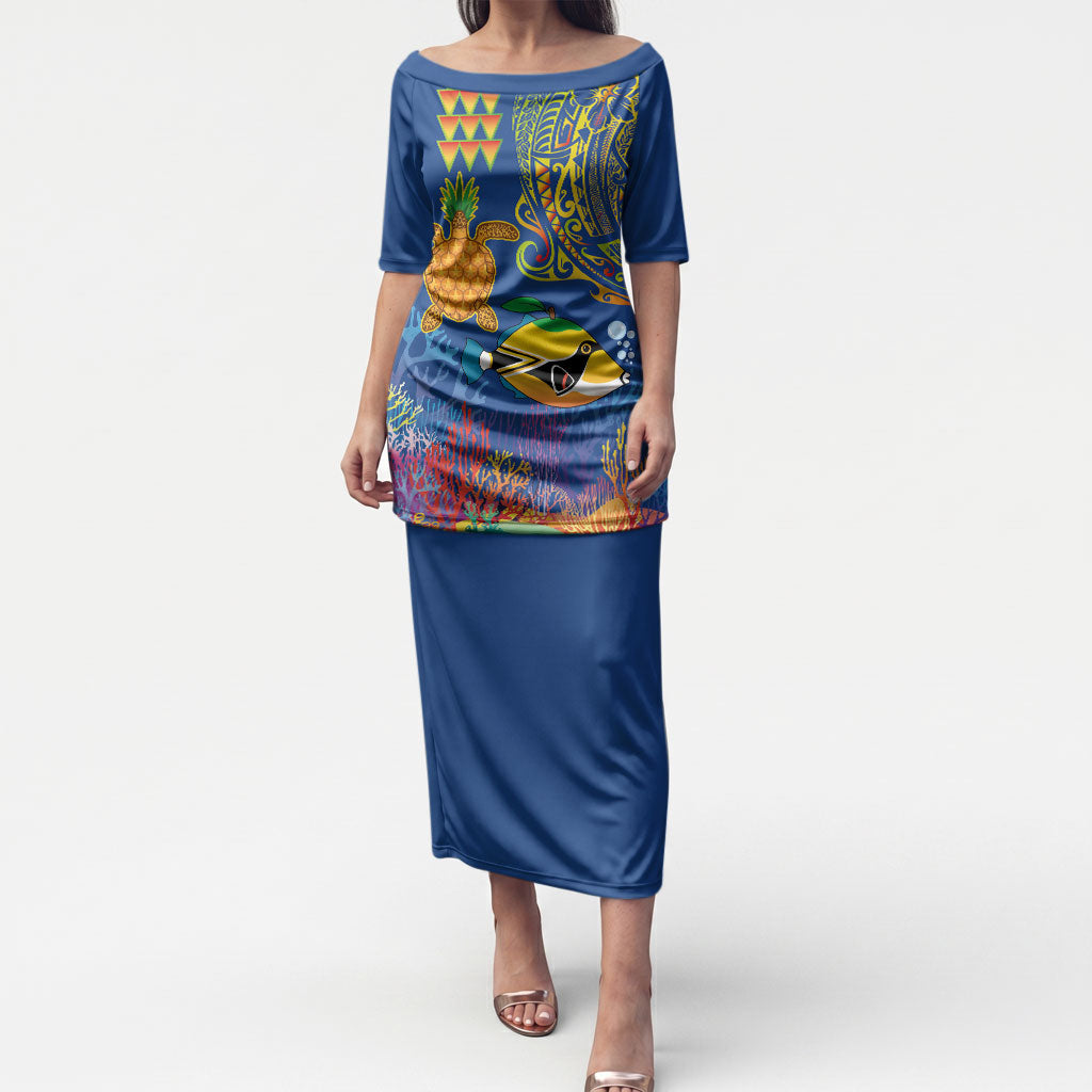 Hawaii Ocean Puletasi Pineapple Turtle and Mango Reef Triggerfish and Kakau Tattoo LT03 Long Dress Multicolor - Polynesian Pride