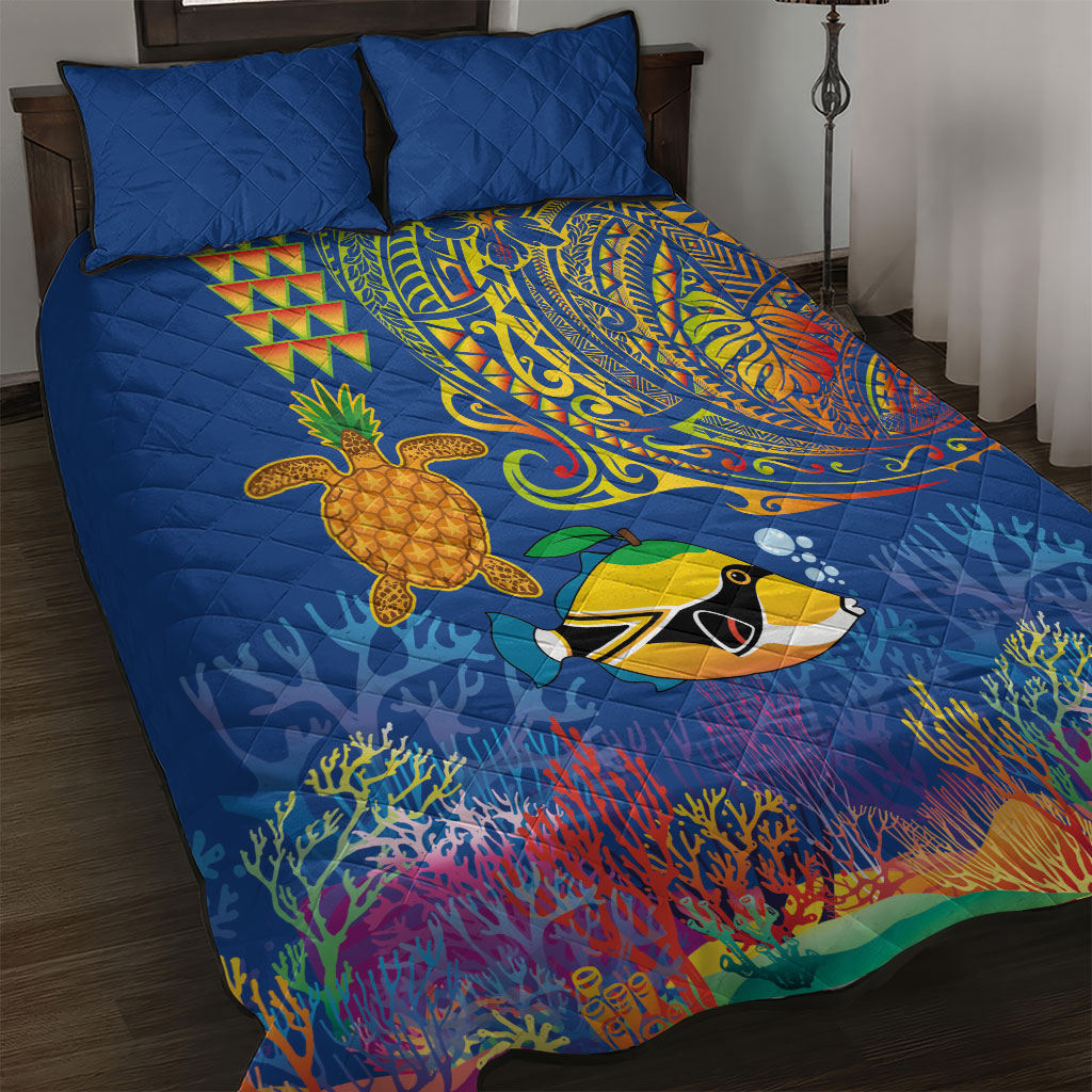 Hawaii Ocean Quilt Bed Set Pineapple Turtle and Mango Reef Triggerfish and Kakau Tattoo LT03 Multicolor - Polynesian Pride