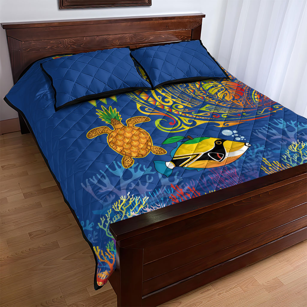 Hawaii Ocean Quilt Bed Set Pineapple Turtle and Mango Reef Triggerfish and Kakau Tattoo LT03 - Polynesian Pride