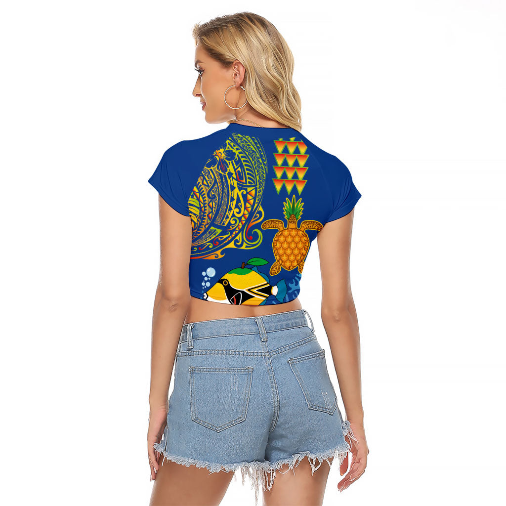 Hawaii Ocean Raglan Cropped T Shirt Pineapple Turtle and Mango Reef Triggerfish and Kakau Tattoo LT03 - Polynesian Pride