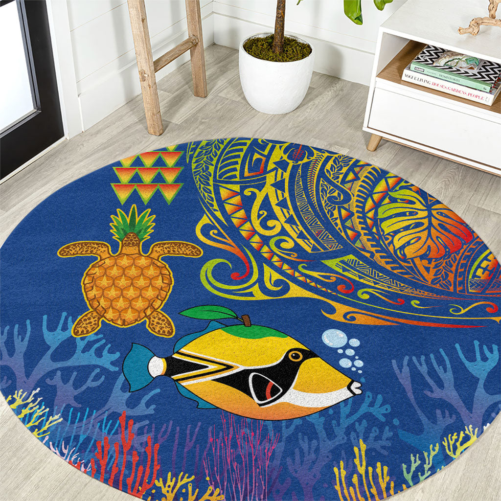 Hawaii Ocean Round Carpet Pineapple Turtle and Mango Reef Triggerfish and Kakau Tattoo LT03 Multicolor - Polynesian Pride