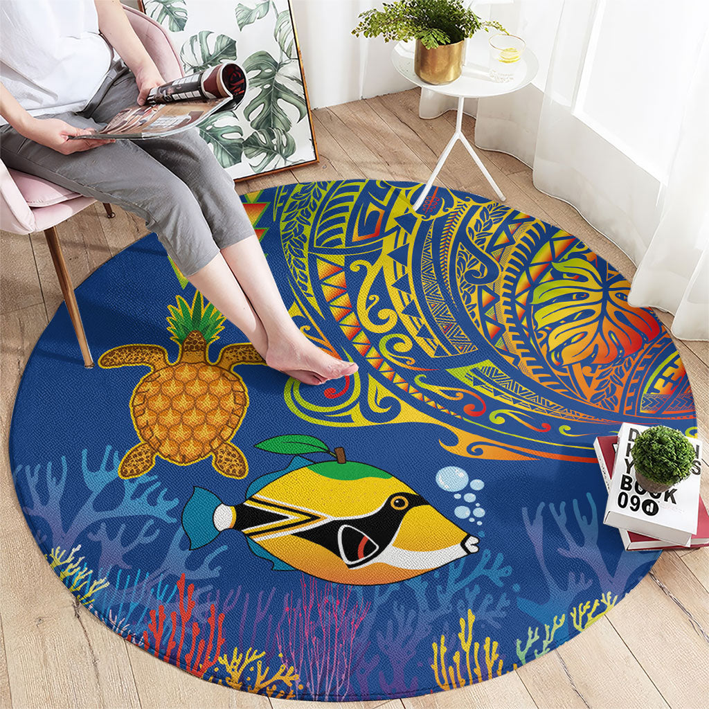 Hawaii Ocean Round Carpet Pineapple Turtle and Mango Reef Triggerfish and Kakau Tattoo LT03 - Polynesian Pride