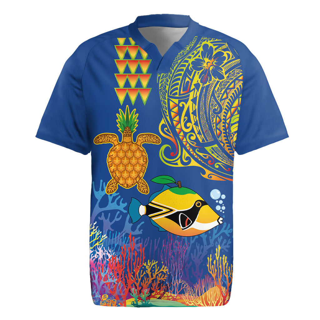 Hawaii Ocean Rugby Jersey Pineapple Turtle and Mango Reef Triggerfish and Kakau Tattoo