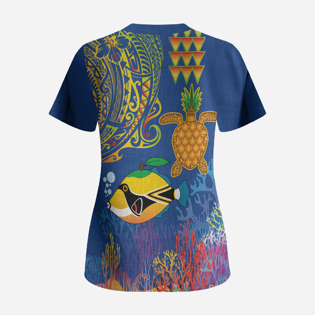 Hawaii Ocean Scrub Top Pineapple Turtle and Mango Reef Triggerfish and Kakau Tattoo LT03 - Polynesian Pride