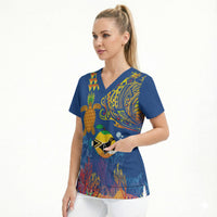 Hawaii Ocean Scrub Top Pineapple Turtle and Mango Reef Triggerfish and Kakau Tattoo LT03 - Polynesian Pride