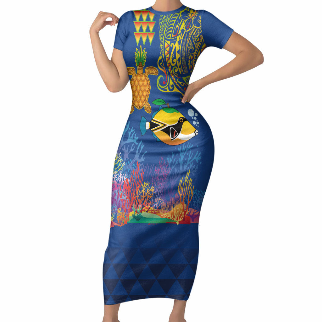 Hawaii Ocean Short Sleeve Bodycon Dress Pineapple Turtle and Mango Reef Triggerfish and Kakau Tattoo