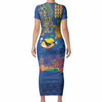 Hawaii Ocean Short Sleeve Bodycon Dress Pineapple Turtle and Mango Reef Triggerfish and Kakau Tattoo LT03 - Polynesian Pride