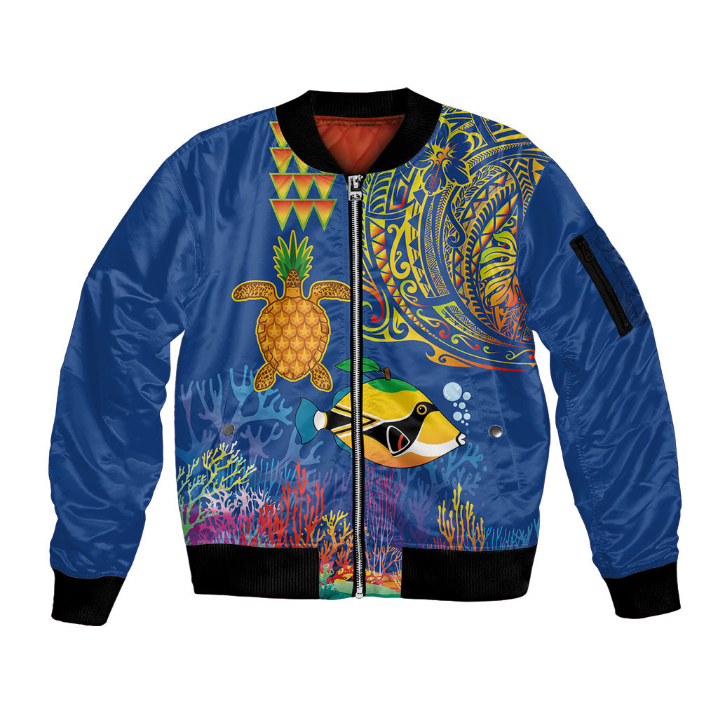 Hawaii Ocean Sleeve Zip Bomber Jacket Pineapple Turtle and Mango Reef Triggerfish and Kakau Tattoo LT03 Unisex Multicolor - Polynesian Pride