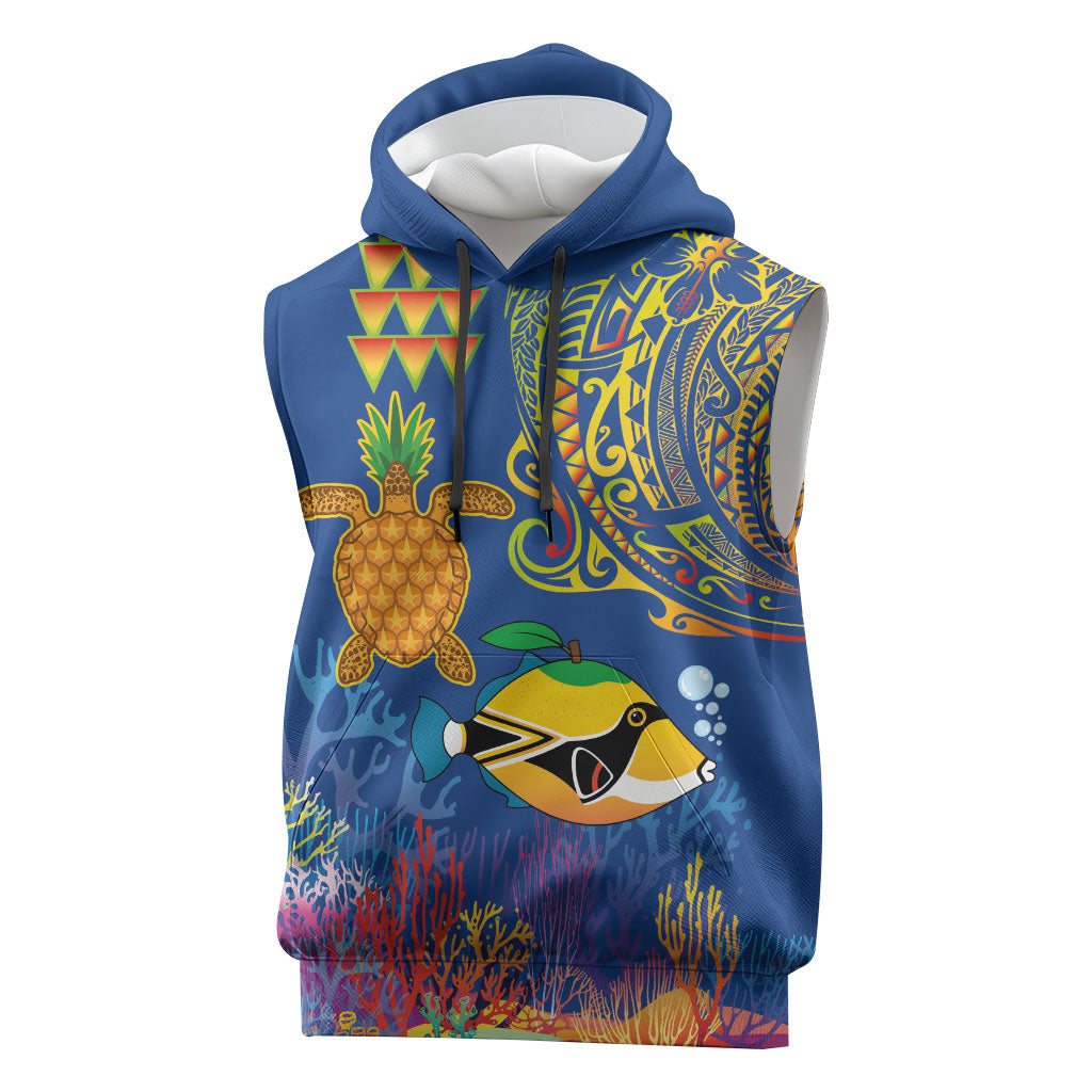 Hawaii Ocean Sleeveless Hoodie Pineapple Turtle and Mango Reef Triggerfish and Kakau Tattoo LT03 Multicolor - Polynesian Pride