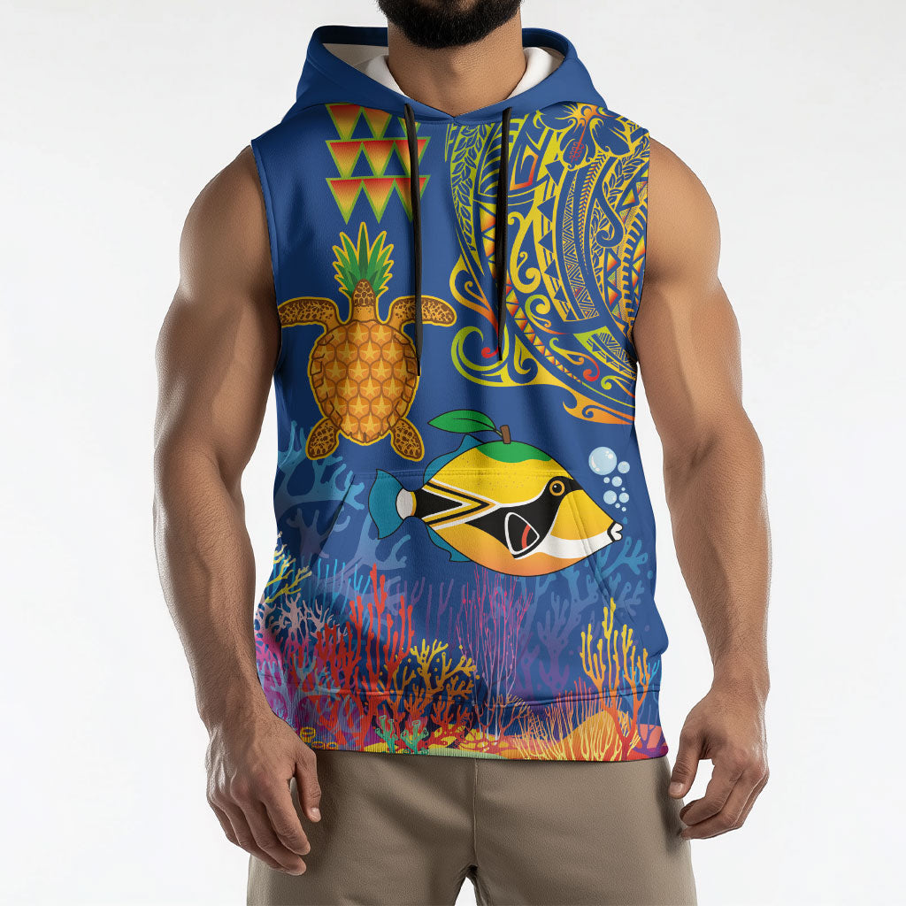 Hawaii Ocean Sleeveless Hoodie Pineapple Turtle and Mango Reef Triggerfish and Kakau Tattoo LT03 - Polynesian Pride
