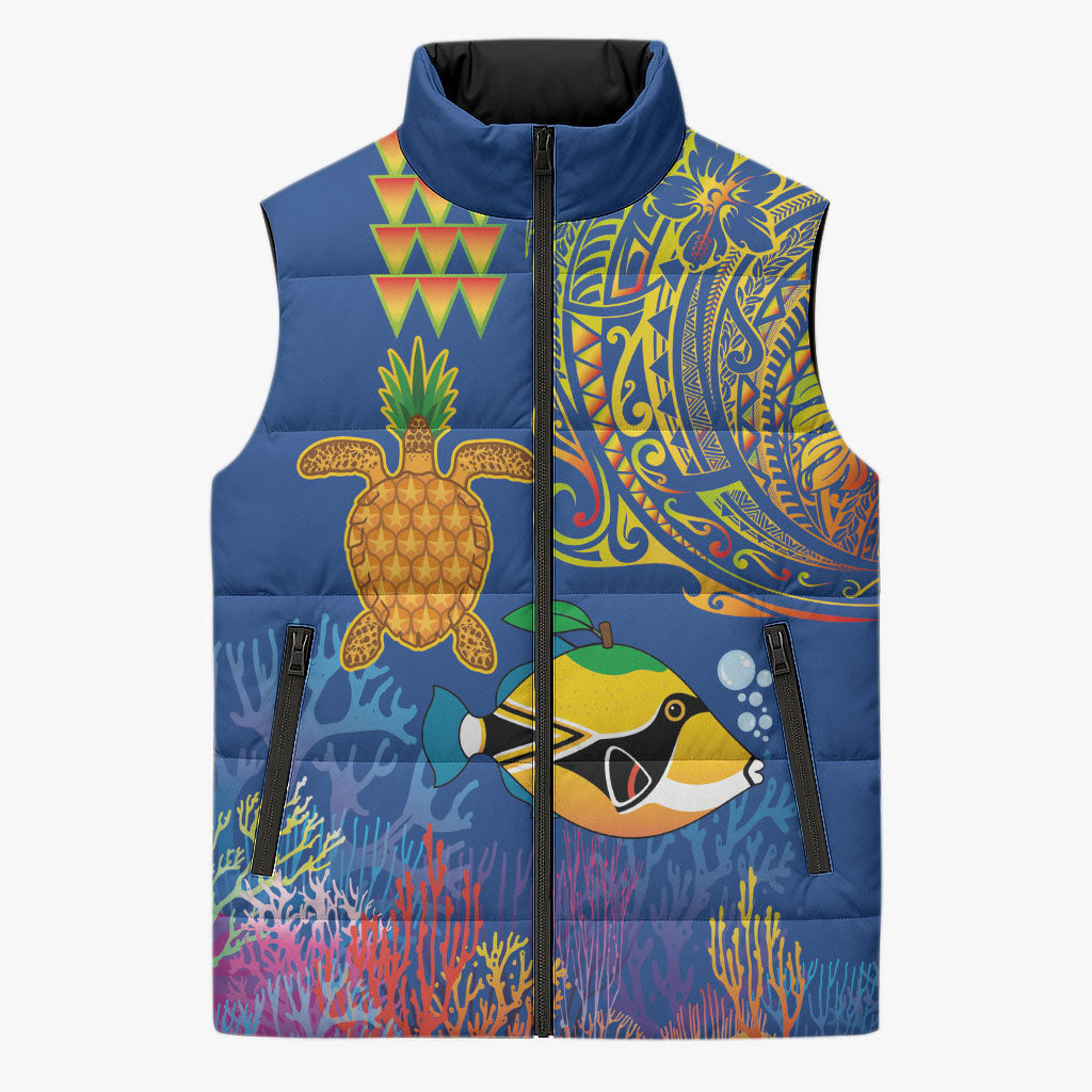 Hawaii Ocean Sleeveless Puffer Jacket Pineapple Turtle and Mango Reef Triggerfish and Kakau Tattoo LT03 Unisex Multicolor - Polynesian Pride