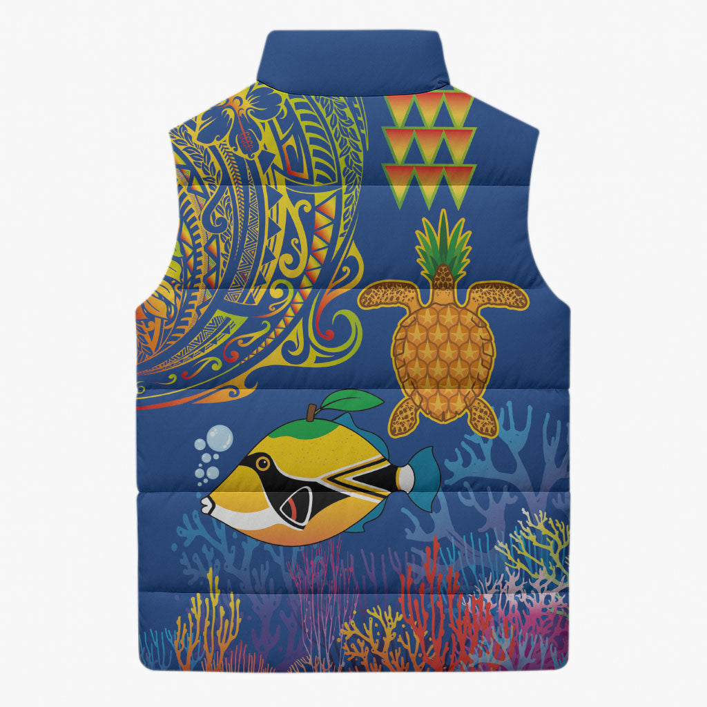 Hawaii Ocean Sleeveless Puffer Jacket Pineapple Turtle and Mango Reef Triggerfish and Kakau Tattoo LT03 - Polynesian Pride