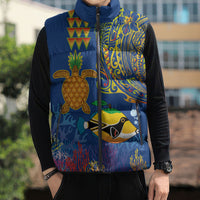 Hawaii Ocean Sleeveless Puffer Jacket Pineapple Turtle and Mango Reef Triggerfish and Kakau Tattoo LT03 - Polynesian Pride