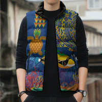 Hawaii Ocean Sleeveless Puffer Jacket Pineapple Turtle and Mango Reef Triggerfish and Kakau Tattoo LT03 - Polynesian Pride