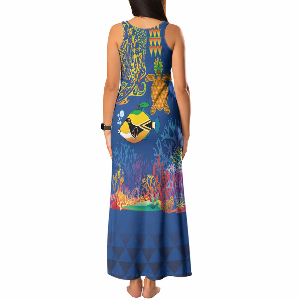 Hawaii Ocean Tank Maxi Dress Pineapple Turtle and Mango Reef Triggerfish and Kakau Tattoo LT03 - Polynesian Pride