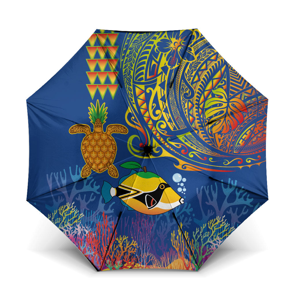 Hawaii Ocean Umbrella Pineapple Turtle and Mango Reef Triggerfish and Kakau Tattoo LT03 One Size Folded 11.42 inch Opened Diameter 37.4 inch Multicolor - Polynesian Pride