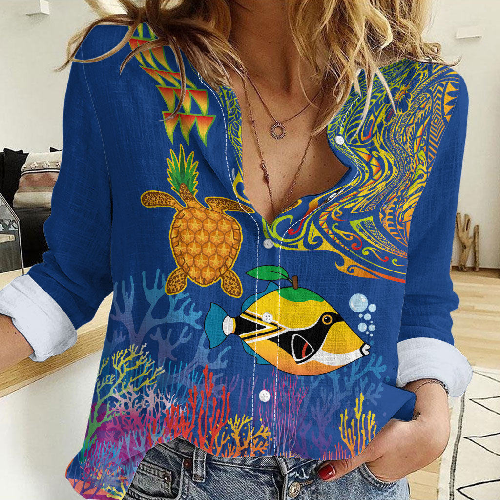 Hawaii Ocean Women Casual Shirt Pineapple Turtle and Mango Reef Triggerfish and Kakau Tattoo LT03 Female Multicolor - Polynesian Pride