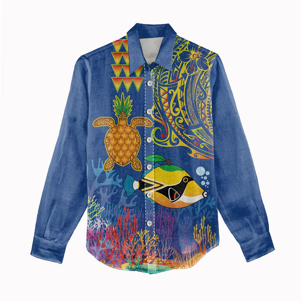 Hawaii Ocean Women Casual Shirt Pineapple Turtle and Mango Reef Triggerfish and Kakau Tattoo LT03 - Polynesian Pride