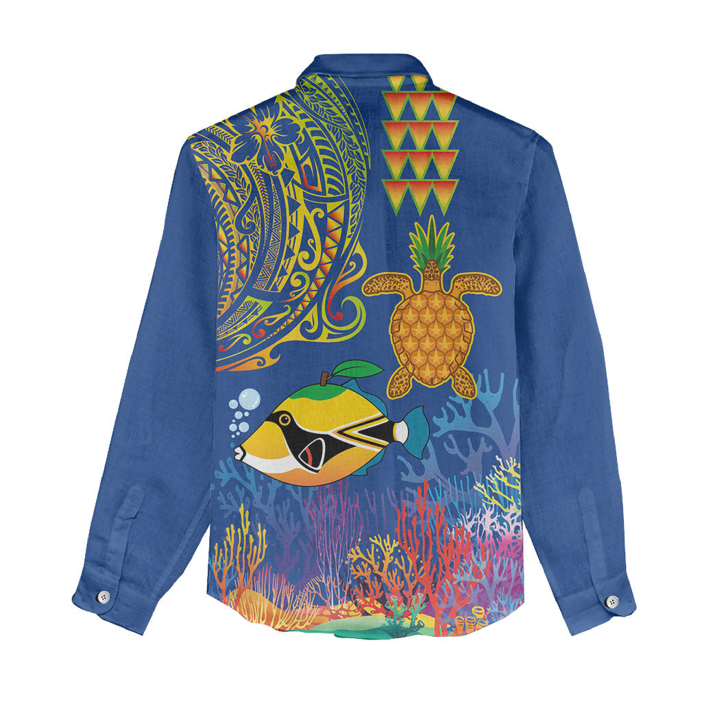 Hawaii Ocean Women Casual Shirt Pineapple Turtle and Mango Reef Triggerfish and Kakau Tattoo LT03 - Polynesian Pride