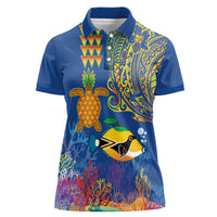 Hawaii Ocean Women Polo Shirt Pineapple Turtle and Mango Reef Triggerfish and Kakau Tattoo LT03 Female Multicolor - Polynesian Pride