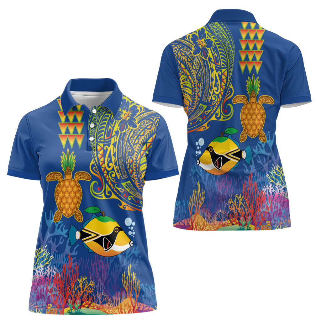 Hawaii Ocean Women Polo Shirt Pineapple Turtle and Mango Reef Triggerfish and Kakau Tattoo LT03 - Polynesian Pride
