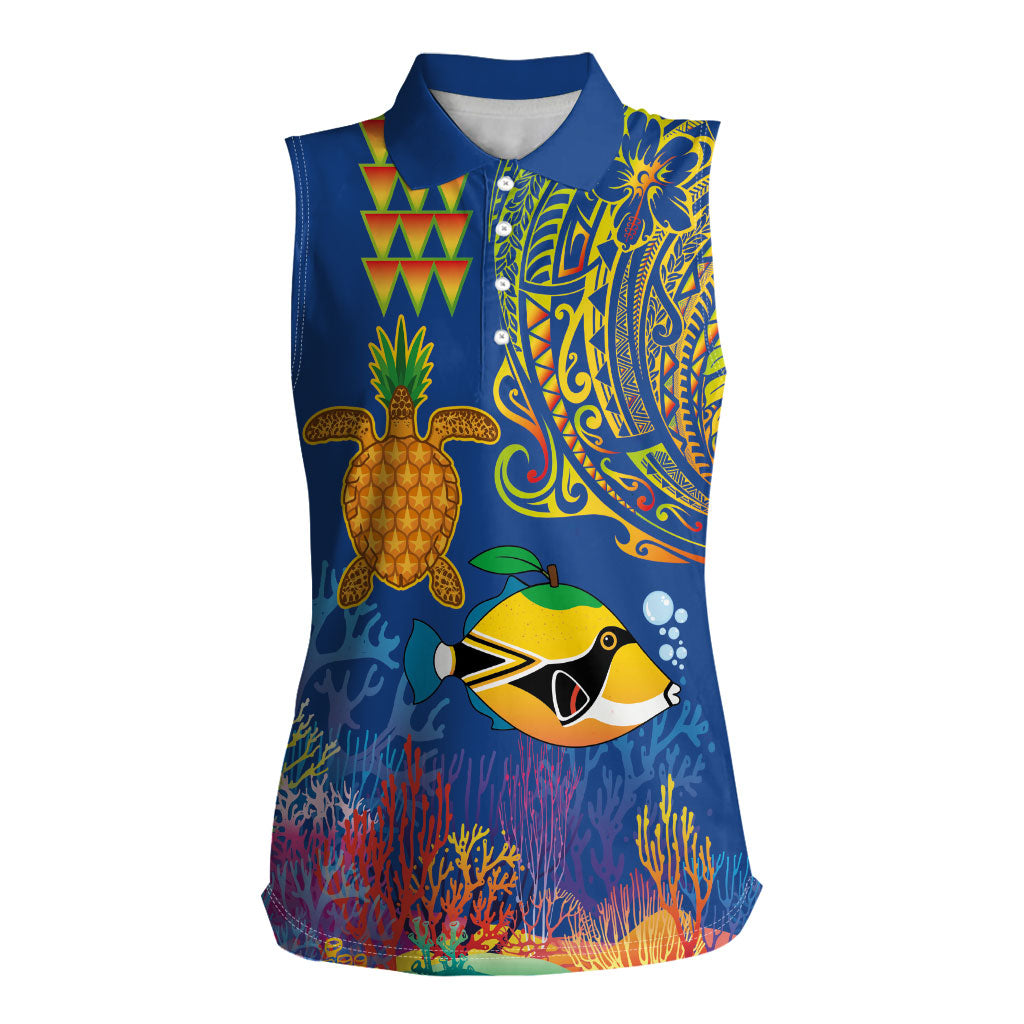 Hawaii Ocean Women Sleeveless Polo Shirt Pineapple Turtle and Mango Reef Triggerfish and Kakau Tattoo