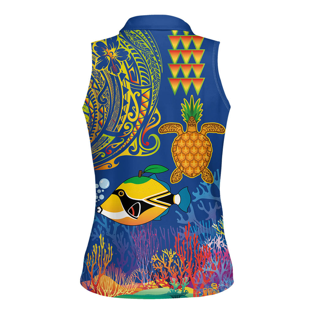 Hawaii Ocean Women Sleeveless Polo Shirt Pineapple Turtle and Mango Reef Triggerfish and Kakau Tattoo LT03 - Polynesian Pride