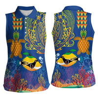 Hawaii Ocean Women Sleeveless Polo Shirt Pineapple Turtle and Mango Reef Triggerfish and Kakau Tattoo LT03 - Polynesian Pride