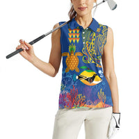 Hawaii Ocean Women Sleeveless Polo Shirt Pineapple Turtle and Mango Reef Triggerfish and Kakau Tattoo LT03 - Polynesian Pride