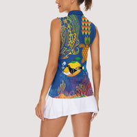 Hawaii Ocean Women Sleeveless Polo Shirt Pineapple Turtle and Mango Reef Triggerfish and Kakau Tattoo LT03 - Polynesian Pride