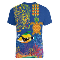 Hawaii Ocean Women V-Neck T-Shirt Pineapple Turtle and Mango Reef Triggerfish and Kakau Tattoo LT03 - Polynesian Pride
