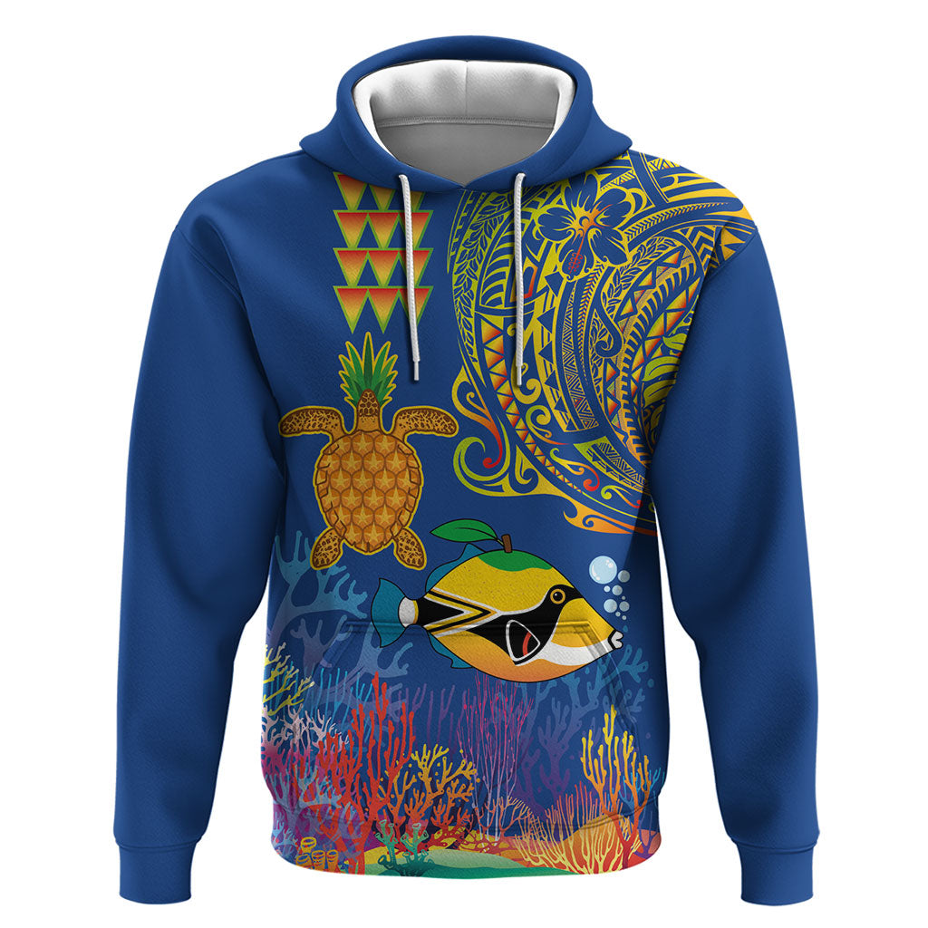 Hawaii Ocean Zip Hoodie Pineapple Turtle and Mango Reef Triggerfish and Kakau Tattoo LT03 Pullover Hoodie Multicolor - Polynesian Pride