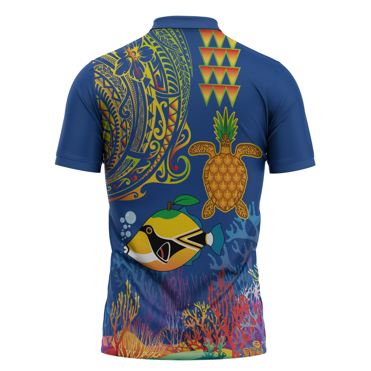 Hawaii Ocean Zipper Polo Shirt Pineapple Turtle and Mango Reef Triggerfish and Kakau Tattoo LT03 - Polynesian Pride