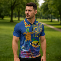Hawaii Ocean Zipper Polo Shirt Pineapple Turtle and Mango Reef Triggerfish and Kakau Tattoo LT03 - Polynesian Pride