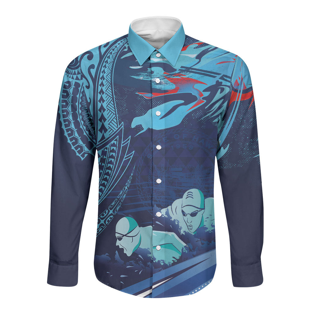Personalized Hawaii Swimming Long Sleeve Button Shirt Tribal Sporty Style LT03 Unisex Multicolor - Polynesian Pride