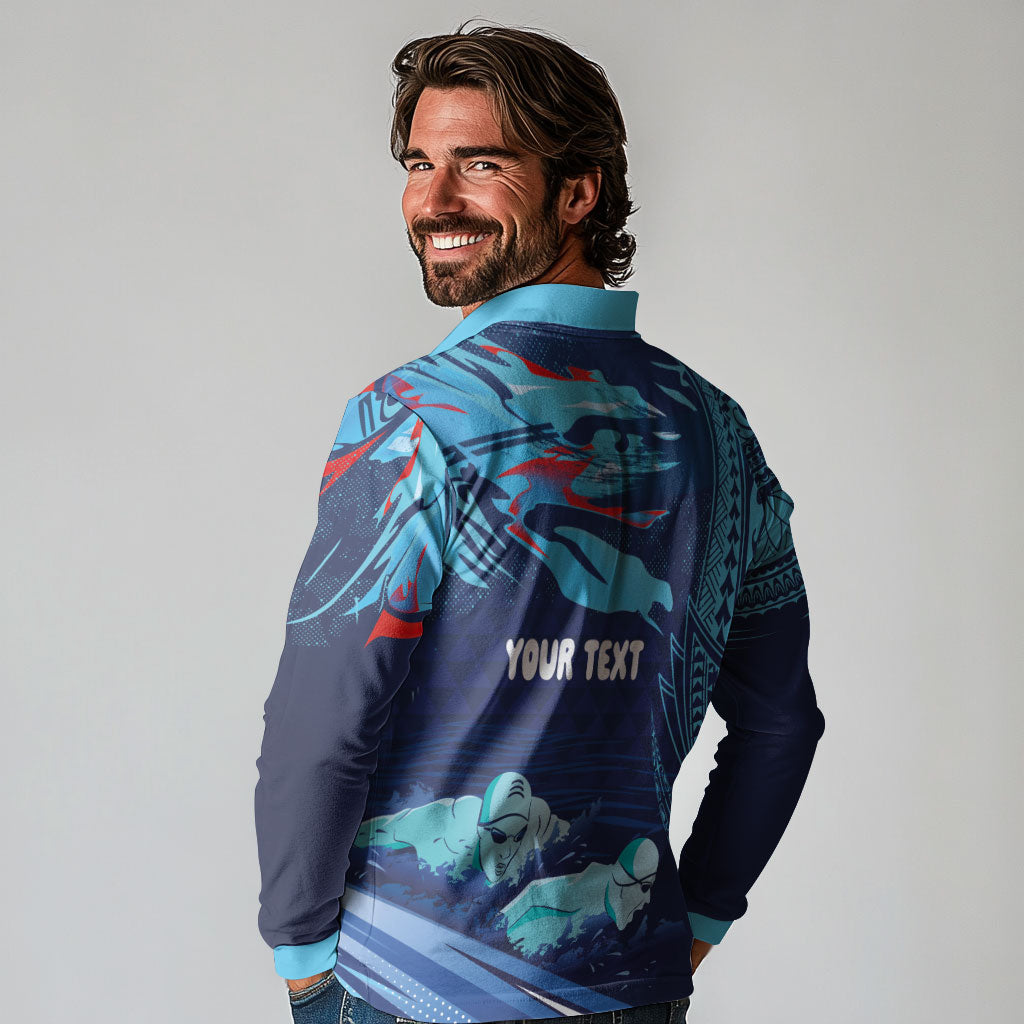 Personalized Hawaii Swimming Long Sleeve Polo Shirt Tribal Sporty Style LT03 - Polynesian Pride