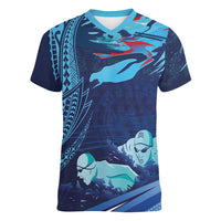 Personalized Hawaii Swimming Women V-Neck T-Shirt Tribal Sporty Style LT03 Female Multicolor - Polynesian Pride