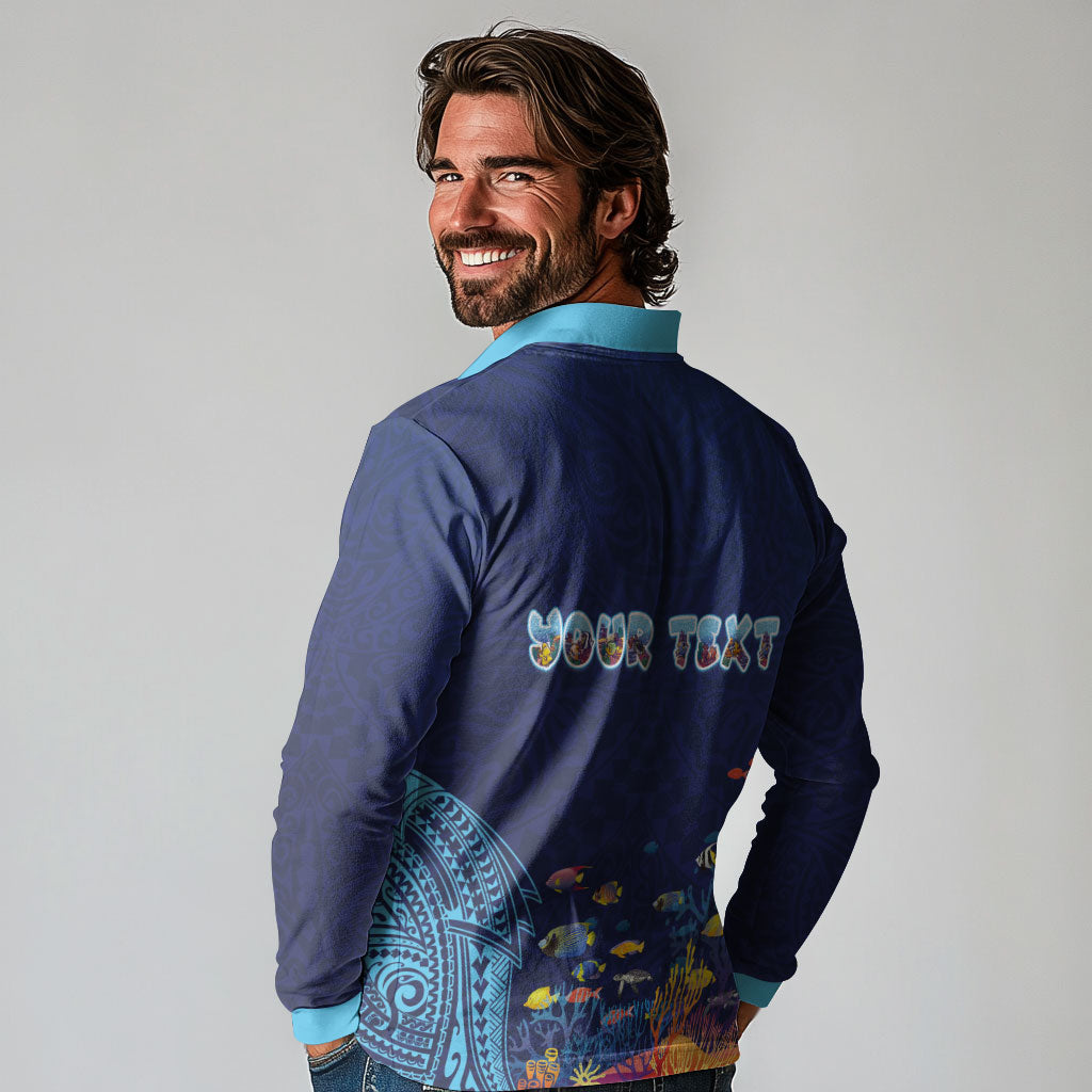 Personalized Hawaii Diving Long Sleeve Polo Shirt Tribal Pattern with Ocean Floor LT03 - Polynesian Pride