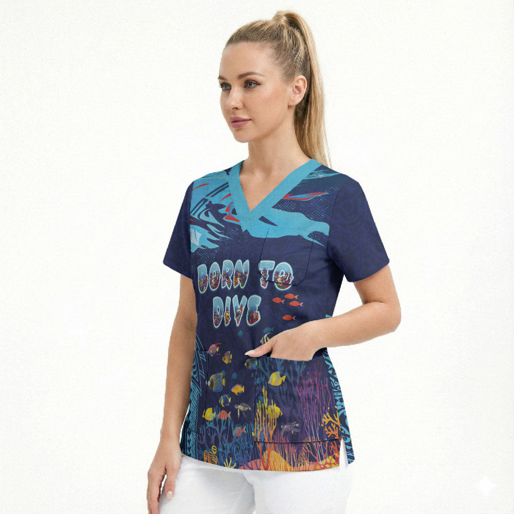 Personalized Hawaii Diving Scrub Top Tribal Pattern with Ocean Floor LT03 - Polynesian Pride